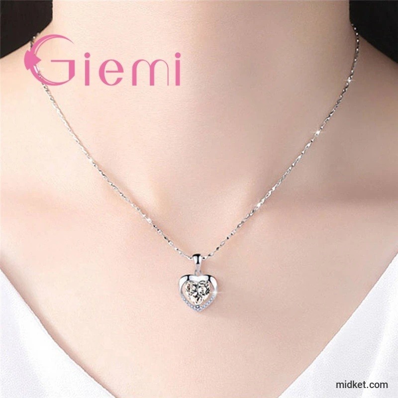 925 Sterling Silver Pendant Necklace For Women Engagement Fashion Jewelry Austrian Crystal Romantic Heart Shape Wholesale